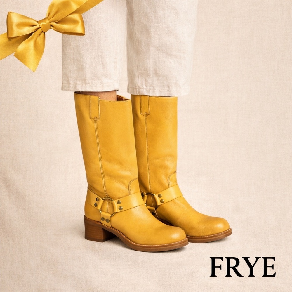 Frye Mustard Yellow Leather Harness Boots Block Heel